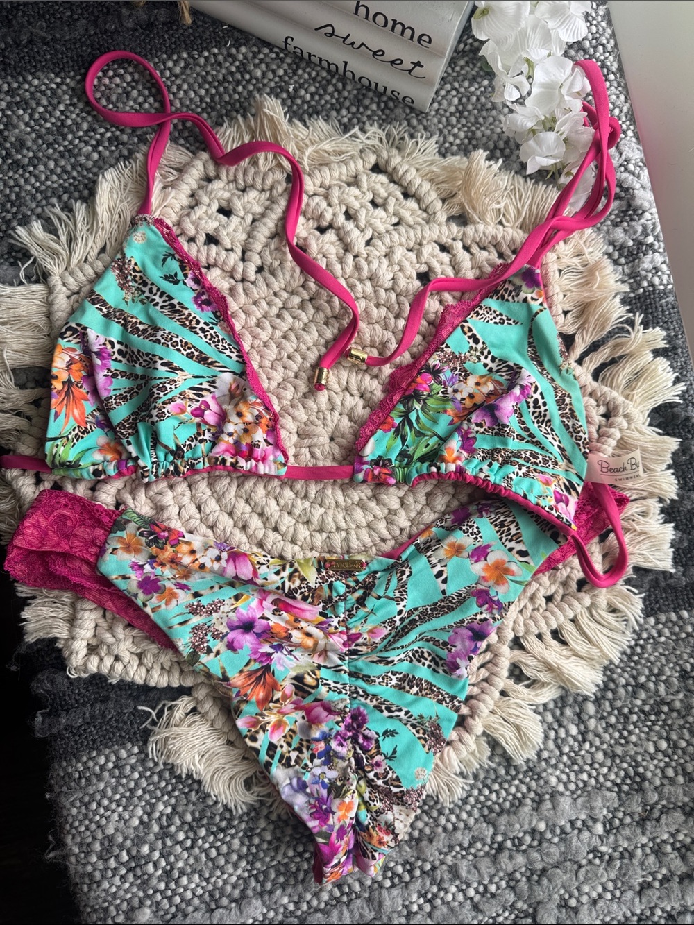 Beach Bunny Turquoise Floral & Hot Pink lace detail Triangle Bikini with scrunch